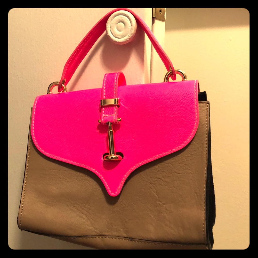 Neon pink and tan genuine leather handbag